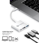 Adaptador USB-C PowerPeak 3 en 1, con puertos HDMI, USB 3.0 y carga PD, en color gris.