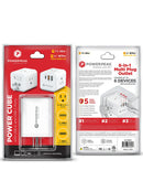 Bloque de energía Powerpeak 6in1 con 3 enchufes AC, 2 USB-A y 1 USB-C, color blanco.
