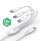 Puerto de carga PowerPeak Type-C a 3 Type-C blanco de 6 pies, ideal para múltiples dispositivos.