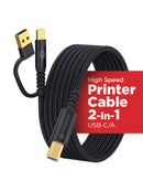 Cable de impresora PowerPeak 2 en 1 USB-A a USB-C de 6 pies, negro, con conectores plateados.