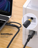 Cable de impresora PowerPeak 2 en 1 USB-A a USB-C de 6 pies, negro, con conectores plateados.