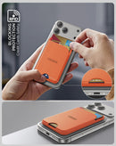 Soporte MagWallet PowerPeak naranja con bloqueo RFID, base magnética y diseño SlowBack, ideal para escritorio.