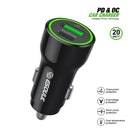 Cargador de auto Esoulk negro de 20W con puertos USB-A y USB-C, para carga rápida de dispositivos.
