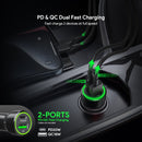 Cargador de auto Esoulk negro de 20W con puertos USB-A y USB-C, para carga rápida de dispositivos.