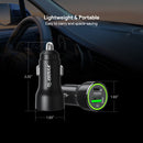 Cargador de auto Esoulk negro de 20W con puertos USB-A y USB-C, para carga rápida de dispositivos.