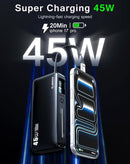 Batería externa Esoulk negra de 10000 mAh y 45W con cable retráctil incorporado, ideal para cargar dispositivos móviles.