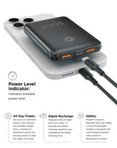 Batería externa PowerPeak negra de 5000 mAh, dos puertos USB de carga, diseño compacto.