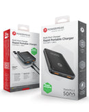 Batería externa PowerPeak negra de 5000 mAh, dos puertos USB de carga, diseño compacto.