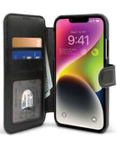 Funda xBase Folio Exec negra para iPhone 13/14, tipo cartera, con ranuras para tarjetas y cierre magnético.