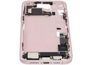 Encuentra piezas para iPhone 15 Plus en Quetzaltenango, Xela: Mid-Frame Housing con puerto de carga, cable flex y piezas pequeñas en color rosa.