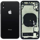 Tapa trasera negra OEM Grado A para iPhone XR (A1984, A2105) con puerto de carga y componentes preinstalados.