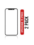 Dos vidrios frontales de repuesto para iPhone 11 Pro, ideales para reparación de pantallas rotas.