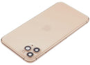 Tapa trasera dorada usada para iPhone 11 Pro Max (A2161) con puerto de carga y pequeñas piezas de repuesto.