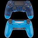 Mando PS4 DoubleShock 4 alámbrico Crystal Blue, diseño translúcido, botones negros, joystick ergonómico, cable USB.