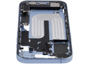 Chasis medio iPhone 17 Mist Blue usado, con puerto de carga y partes pequeñas para reparación.