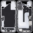 Mid-frame housing blanco usado OEM Grade C para iPhone 16 (US Version A3081) con puerto de carga flex.