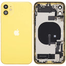 Tapa trasera amarilla usada OEM Grade B para iPhone 11 con puerto de carga y piezas pequeñas.