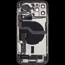 Tapa trasera gris espacial usada para iPhone 12 Pro con flex de puerto de carga y piezas pequeñas.