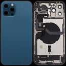 Tapa trasera azul pacífico usada para iPhone 12 Pro Max (A2342) con puerto de carga y componentes internos.