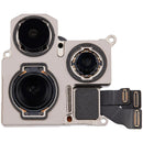 Cámara trasera OEM pull Grade A para iPhone 15 Pro (modelos A2848, A3101, A3102, A3104) con tres lentes, lista para reparación.