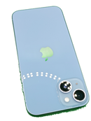 iPhone 14 seminuevo azul, 128GB, libre, grado 1, batería 84%, con eSIM y certificado.