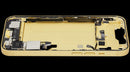 Tapa trasera amarilla OEM usada para iPhone 14 (A2649, A2881) con puerto de carga y marco medio.