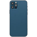 Tapa trasera azul Pacífico iPhone 12 Pro (A2407) refurbished con puerto de carga y piezas pequeñas.