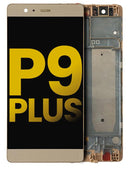 Pantalla LCD refurbished Huawei P9 Plus Haze Gold con marco, ideal para reparación de display roto.
