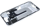 Chasis medio de iPhone 16 (A3081) blanco usado, con pequeñas piezas y marco, ideal para reparación.