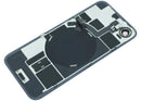 Tapa trasera negra usada para iPhone 17e con imán MagSafe y chip NFC, ideal para reparación de repuesto.