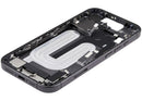 Chasis medio negro usado para iPhone 17, con puerto de carga flex y pequeñas piezas de repuesto.