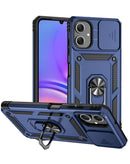 Protege tu Galaxy A07 en Xela con una funda híbrida de doble capa en color azul marino con aro metálico y protector de cámara.