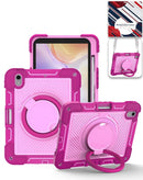 Funda robusta rosa fucsia para iPad Air con soporte giratorio y correa ajustable para hombro.