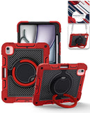 Funda roja robusta SlowBack para iPad Air 13 con soporte giratorio y correa de hombro.