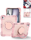 Funda multifuncional rosa robusta SlowBack para iPad Air 13 con soporte giratorio y correa.