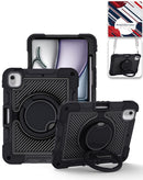 Funda robusta SlowBack negra para iPad Air 13 con soporte giratorio y correa de hombro.