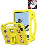 Funda antigolpes amarilla para iPad Air/Pro con manija, protección robusta y soporte integrado.