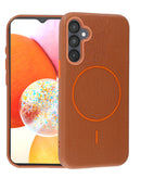 Funda magnética de cuero suave color café dorado para Samsung Galaxy A14, vista frontal.
