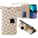 Funda wallet blanca para Samsung Galaxy A15 5G con diseño geométrico de triángulos, protección y estilo.