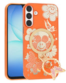 Tapa trasera naranja brillante con diamantes y anillo mariposa para Samsung Galaxy A16 5G, lujo y protección.