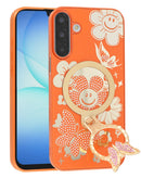 Tapa trasera naranja brillante con diamantes y anillo mariposa para Samsung Galaxy A17, lujo y protección.