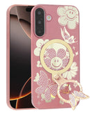 Carcasa lujosa Galaxy A17 oro rosa con diamantes brillantes y anillo de mariposa.