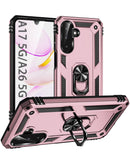 Protege tu Galaxy A17 con una funda híbrida de doble capa con anillo de metal y protector de cámara en tono rosa dorado en Quetzaltenango.