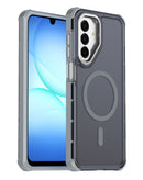 Case doble capa gris para Galaxy A17, A18, A26 5G con borde electroplado y compatible con carga inalámbrica.