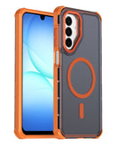 Funda naranja electroplate para Samsung Galaxy A17, A18 o A26 5G con doble borde y compatible con carga inalámbrica.