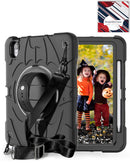 Funda robusta negra para tablet Apple con soporte giratorio y correa de hombro ajustable.