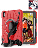 Funda resistente SlowBack roja para iPad Air 4/5/6 con soporte giratorio 360 y correa de hombro ajustable.