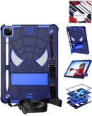 Funda robusta SpiderGrip azul marino para iPad con soporte giratorio 360 y correa de mano ajustable.