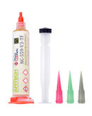 Pasta de flux tacky Amtech NC-559-V3 en jeringa de 10cc, ideal para soldadura de precisión.