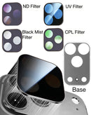 Kit de filtros magnéticos gris para iPhone 17 Pro, incluye ND, UV, CPL y Black Mist, mejorando la cámara.